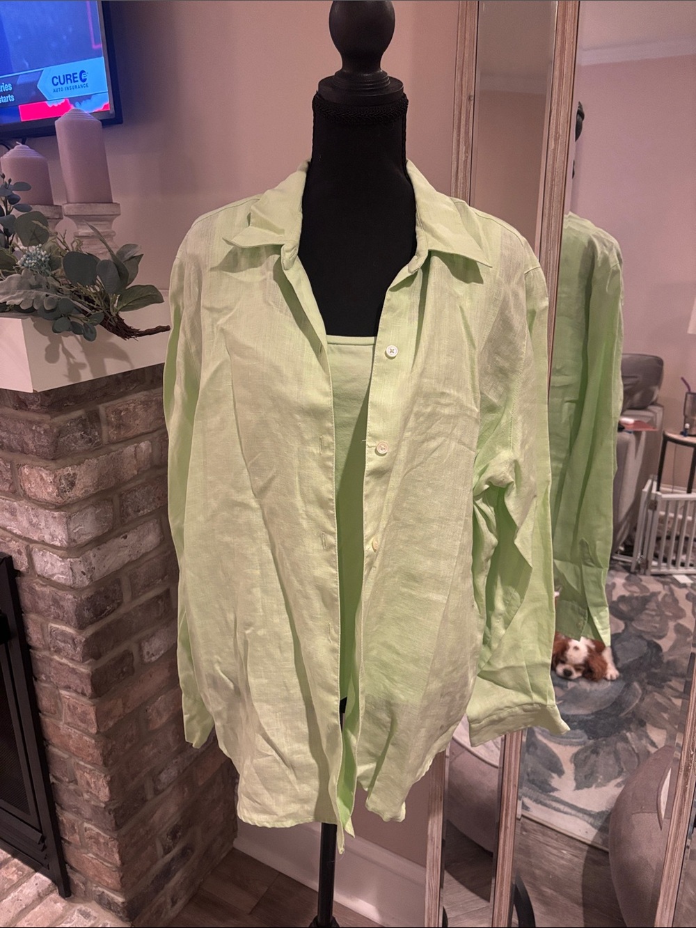 Light Green Women’s Linen-Blend Button Front Blouse
